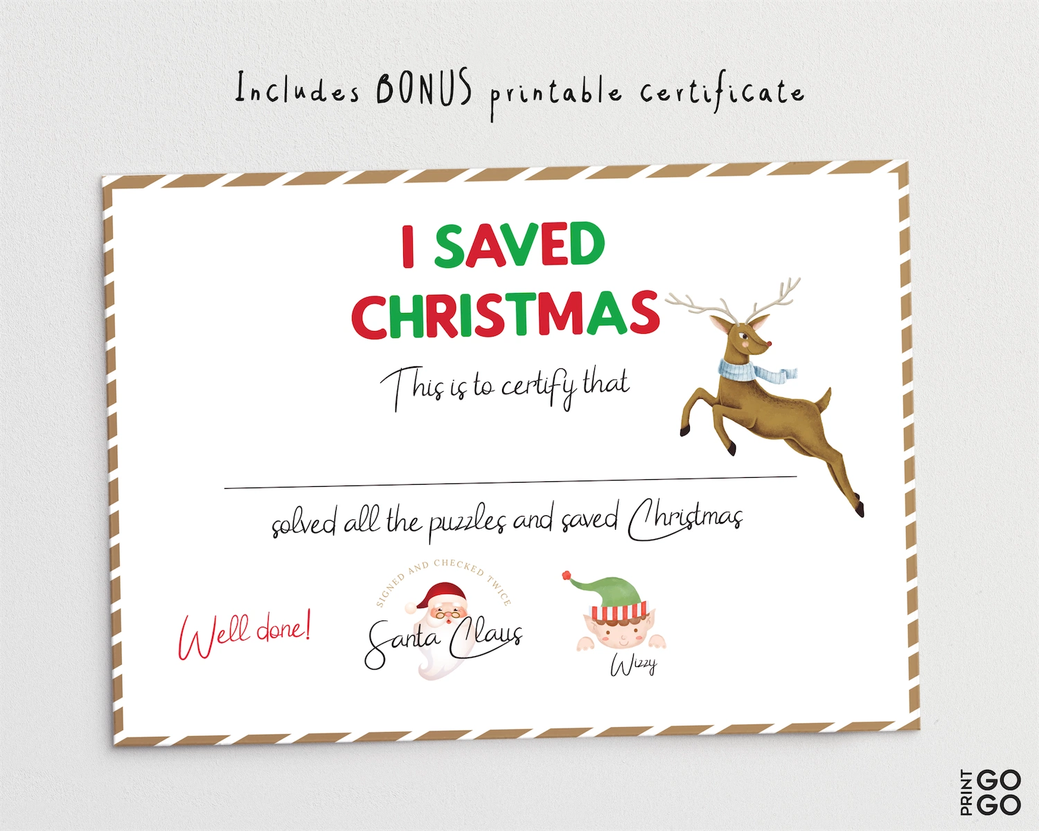 Christmas-themed certificate with a reindeer illustration on a white background