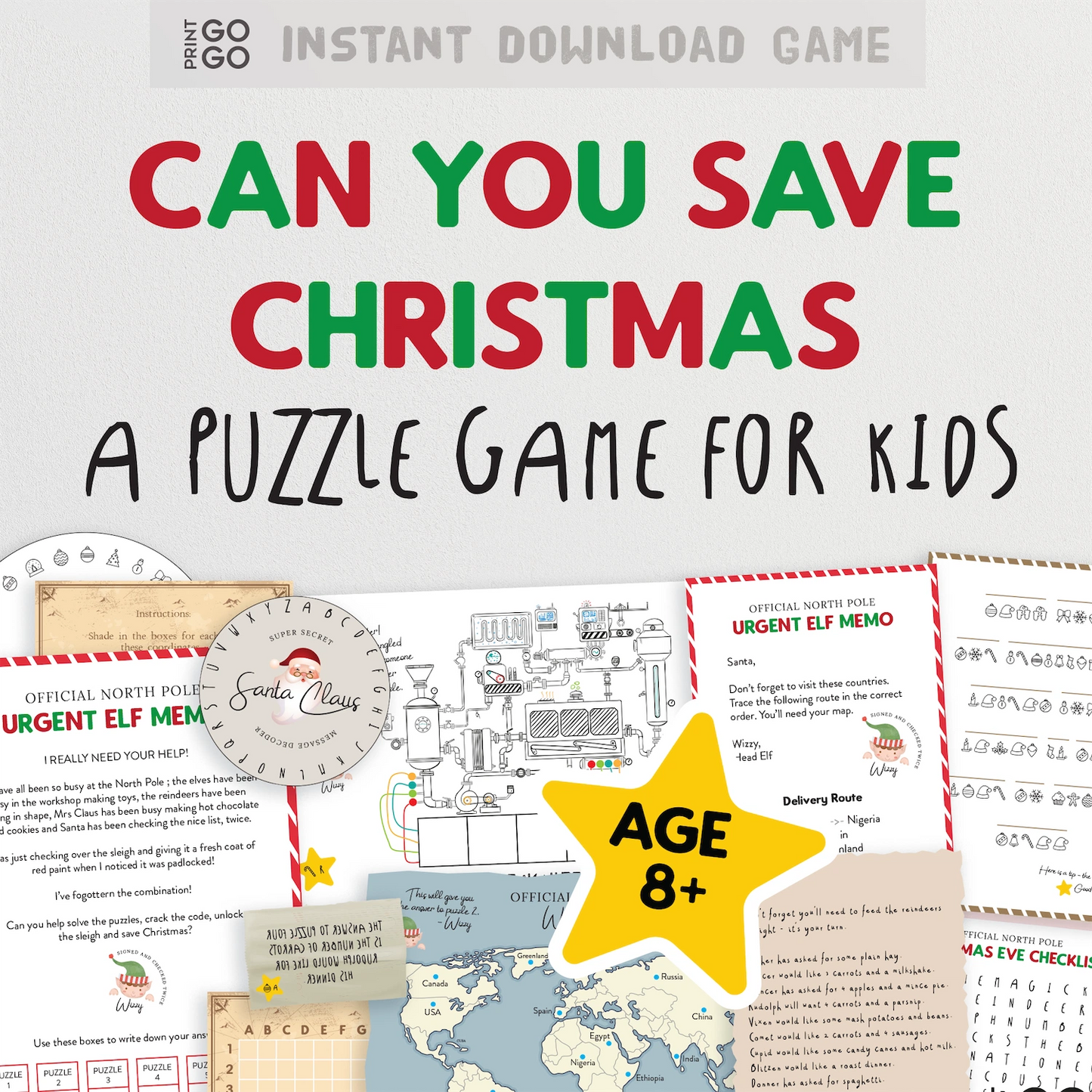Promotional image of a Christmas-themed puzzle game for kids with text and graphics.