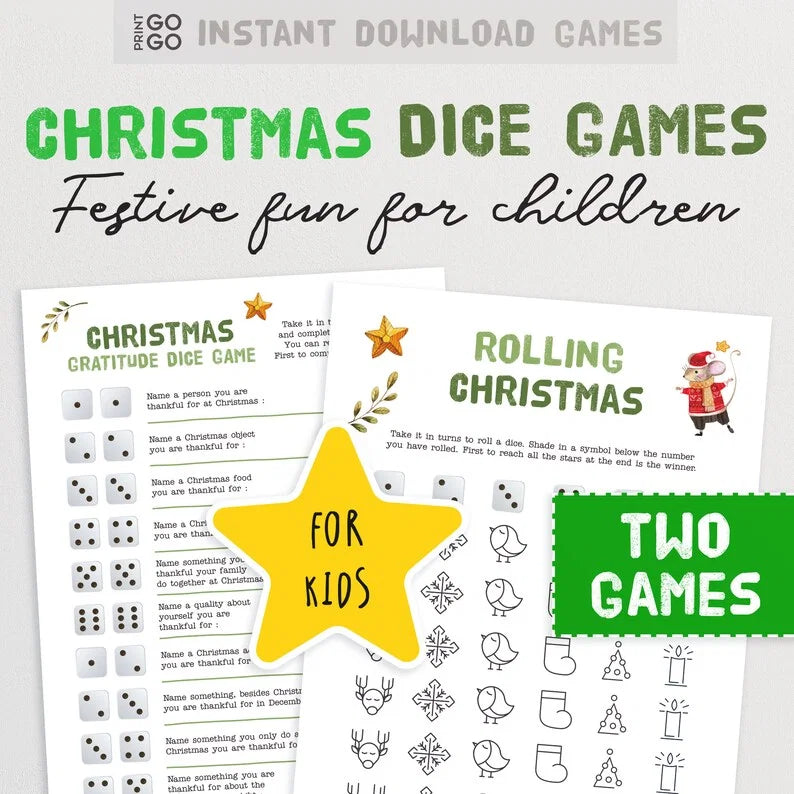 Two Christmas dice game sheets with a yellow star and text on a white background