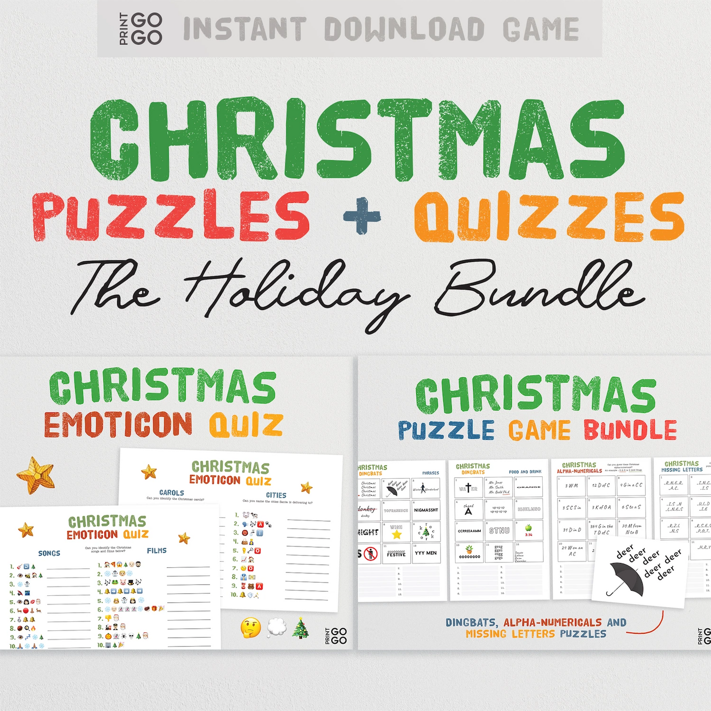 Instant download Christmas Puzzles + Quizzes bundle with coloruful text and sample pages.