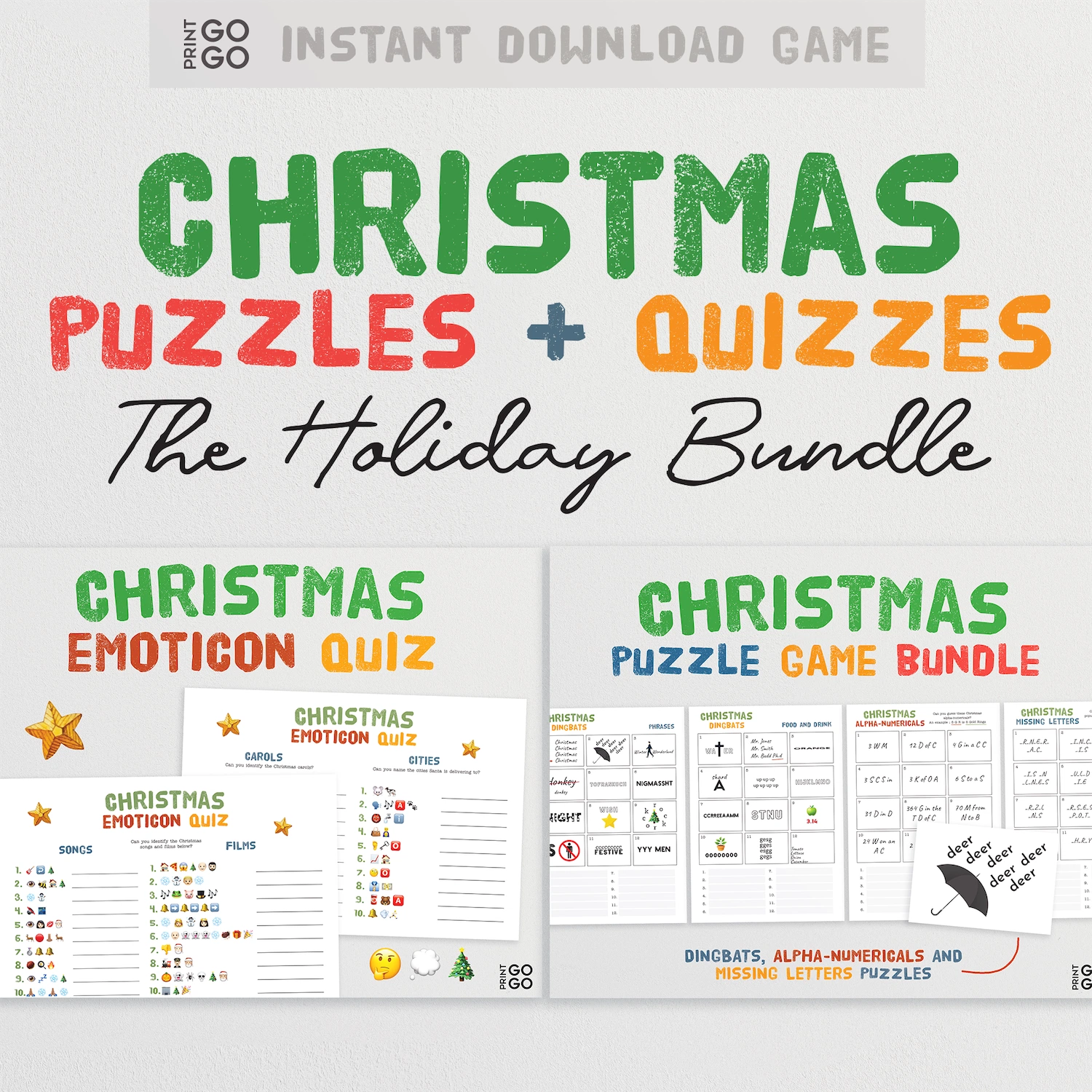 Instant download Christmas Puzzles + Quizzes bundle with coloruful text and sample pages.
