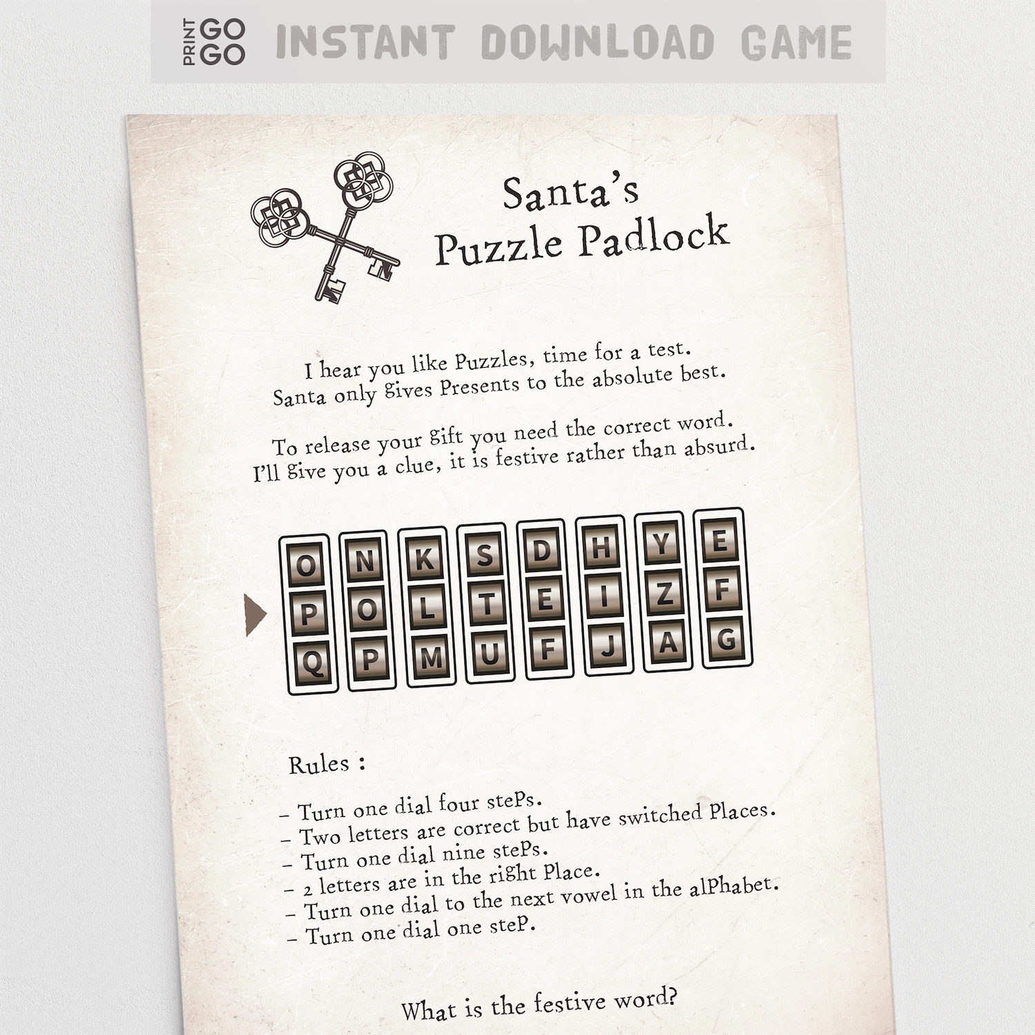 Santa's Puzzle Padlock game sheet with text and letter dials on a light gray background