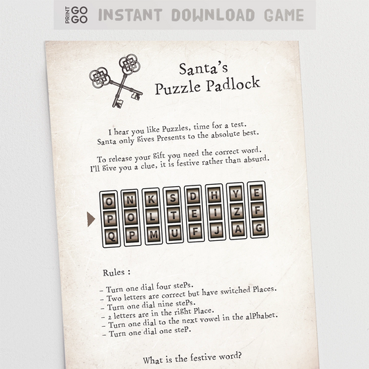 Santa's Puzzle Padlock game sheet with text and letter dials on a light gray background