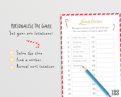 Game sheet with locations and a pencil on a white background