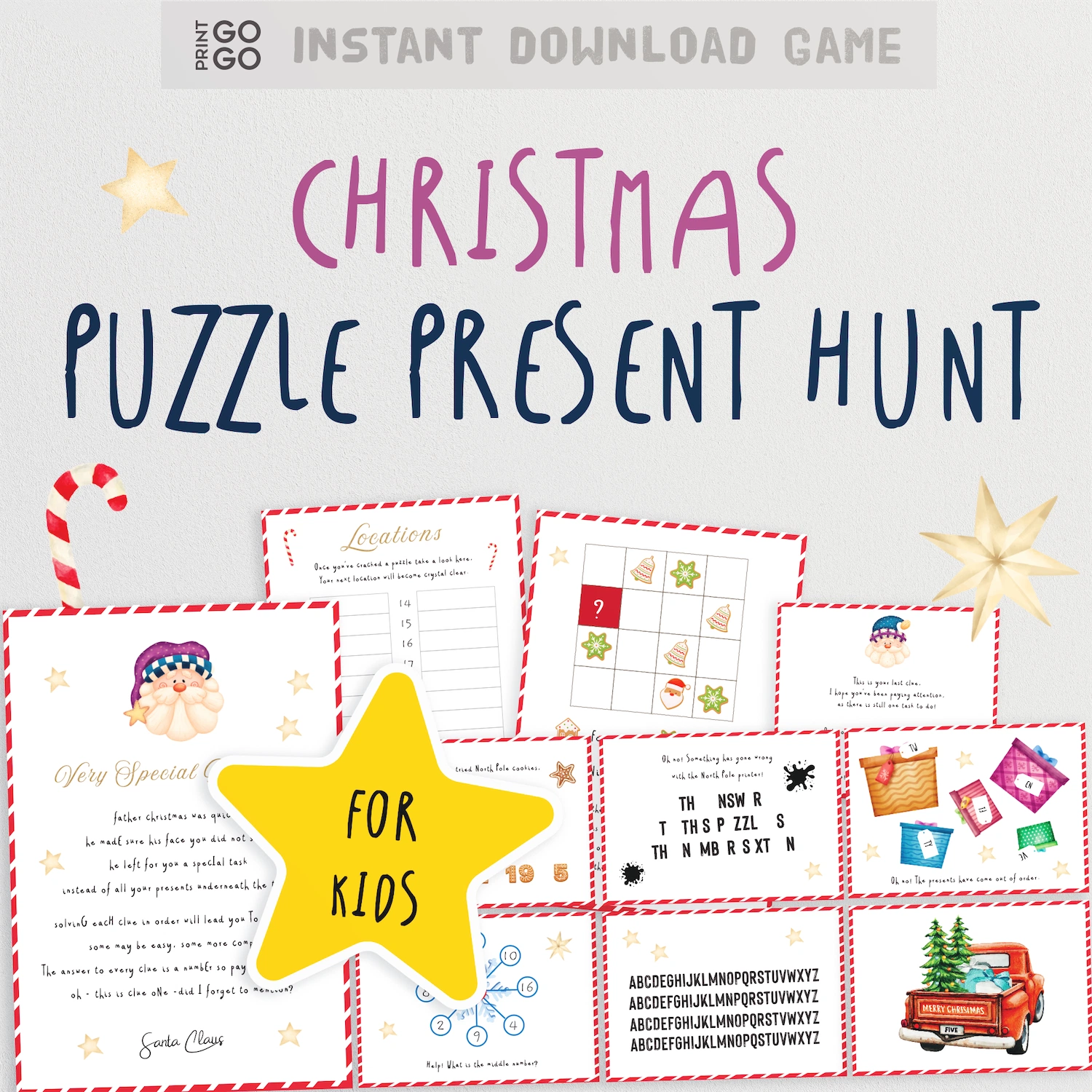 Instant download Christmas puzzle scavenger hunt for kids. Colourful cards and riddles to solve.