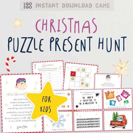 Instant download Christmas puzzle scavenger hunt for kids. Colourful cards and riddles to solve.