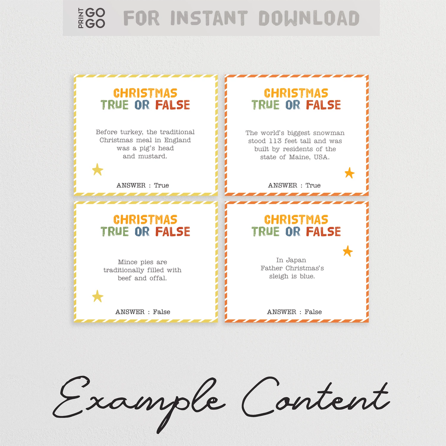Four Christmas true or false question cards on a gray background with 'Example Content' text.