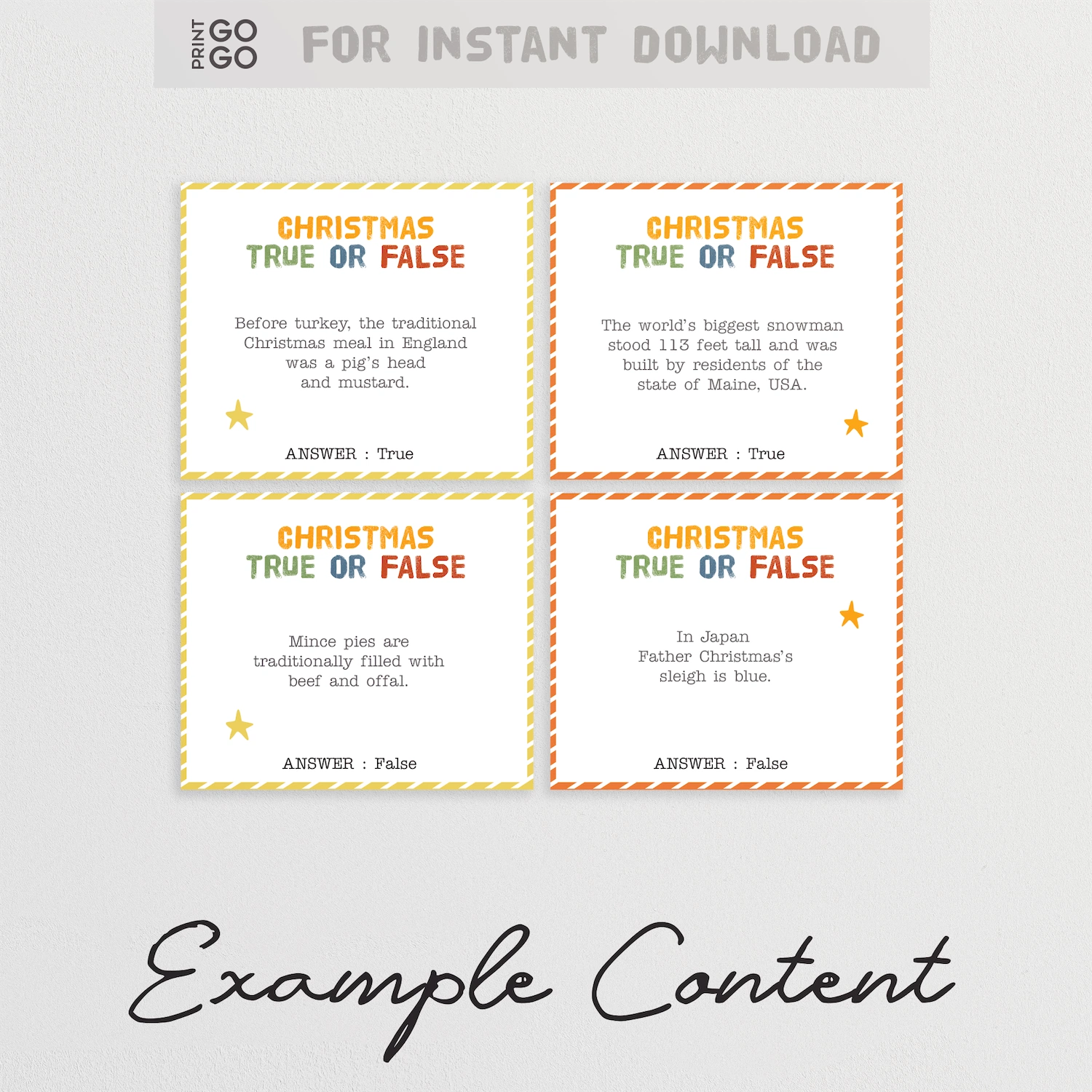 Four Christmas true or false question cards on a gray background with 'Example Content' text.