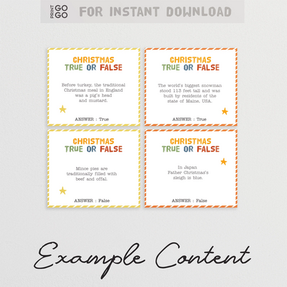 Four Christmas true or false question cards on a gray background with 'Example Content' text.
