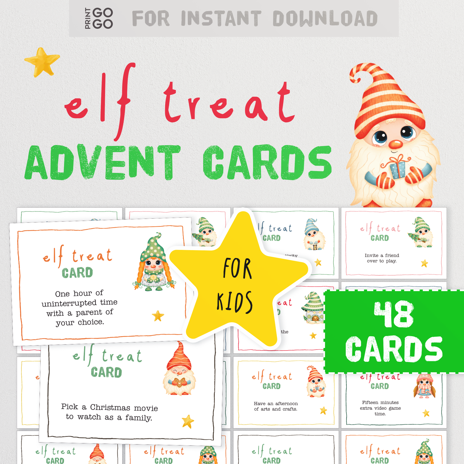 48 Elf Treat Advent Calendar Cards - Elf Cards to Countdown to Christmas! | Xmas Treat Activity Cards | Printable Christmas Ideas for Kids