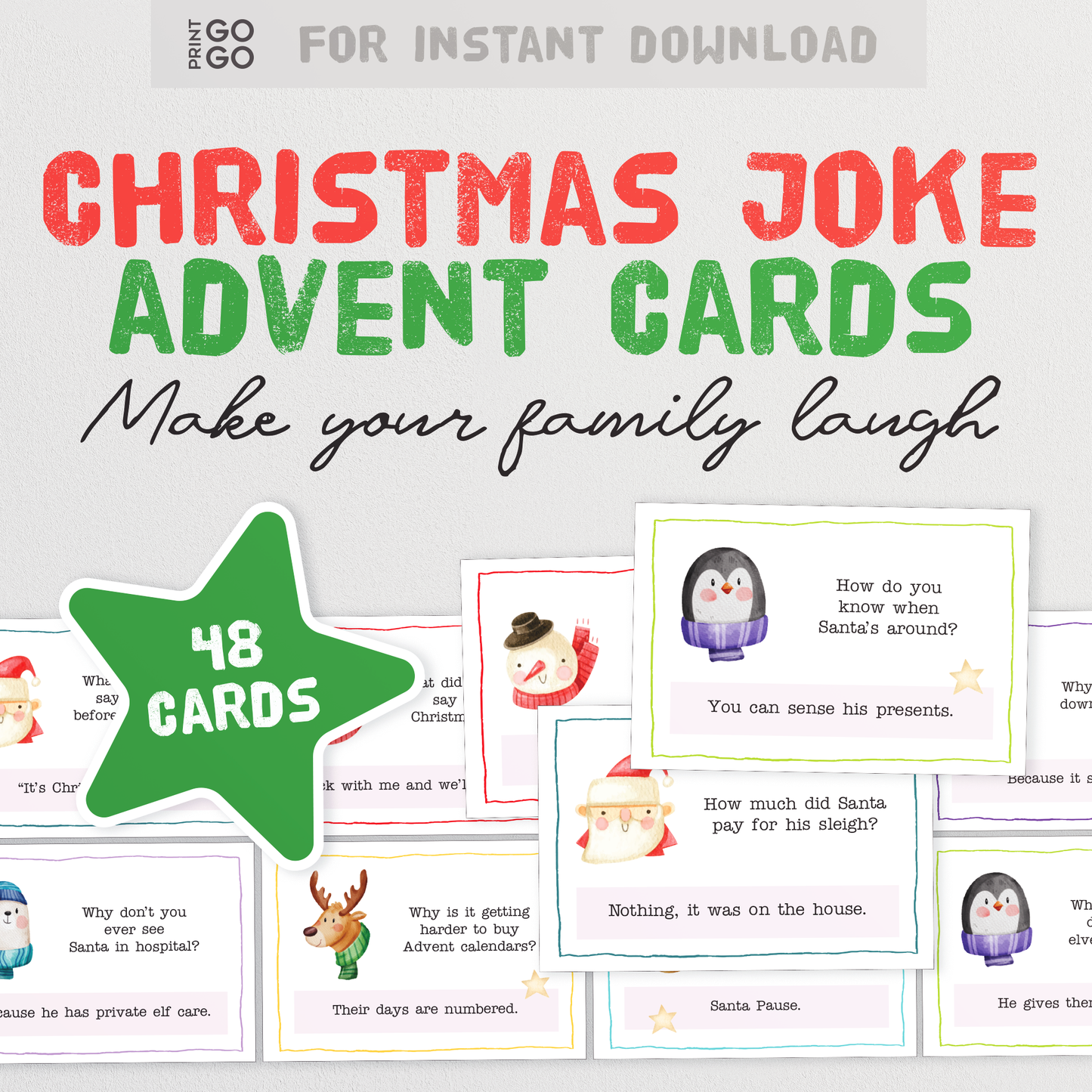 Joke Advent Cards - A Fun Way to Countdown Christmas | 48 Christmas Advent Calendar Cards | Daily Christmas Joke Cards | Christmas Printable