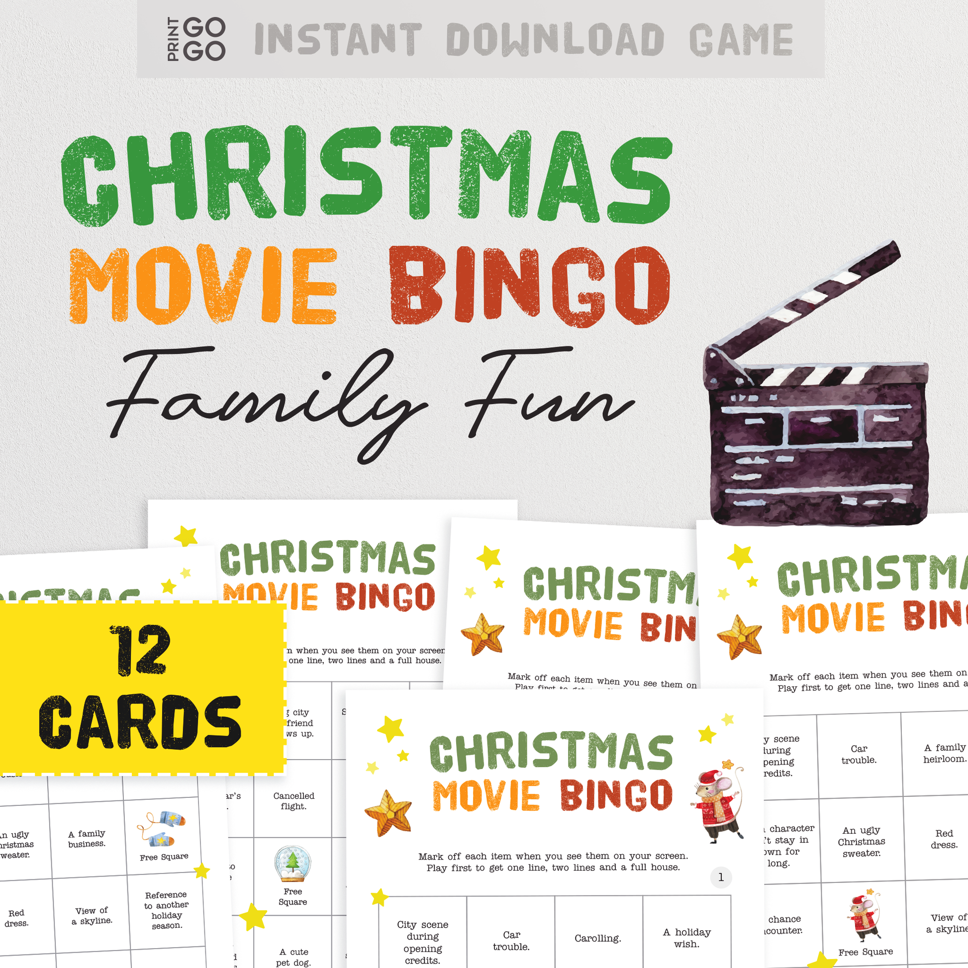 12 Christmas Movie Bingo Cards - The Family Friendly Game of Watching TV and Paying Attention | Xmas Teen Game | Holiday Bingo Cards
