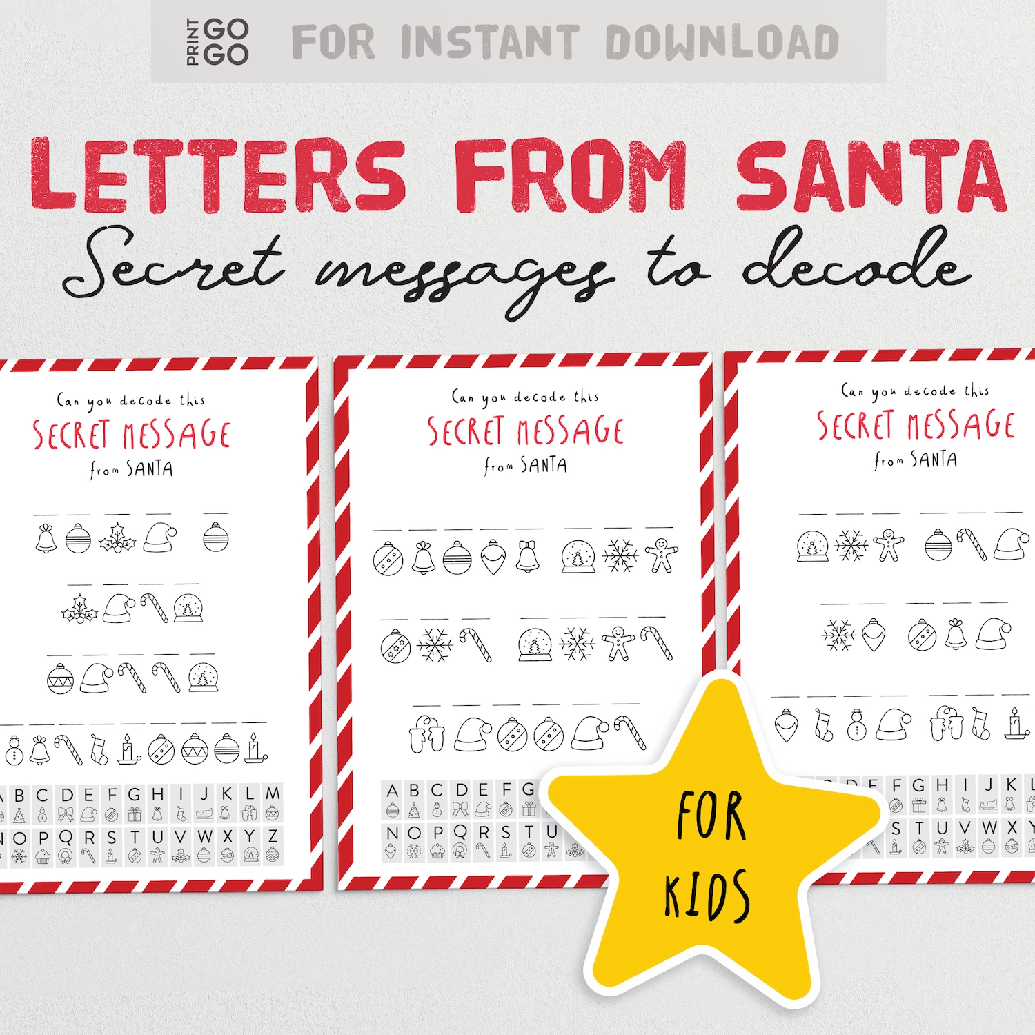 Sheet of paper with decoded secret messages from Santa for kids, featuring a yellow star and red and white striped border.