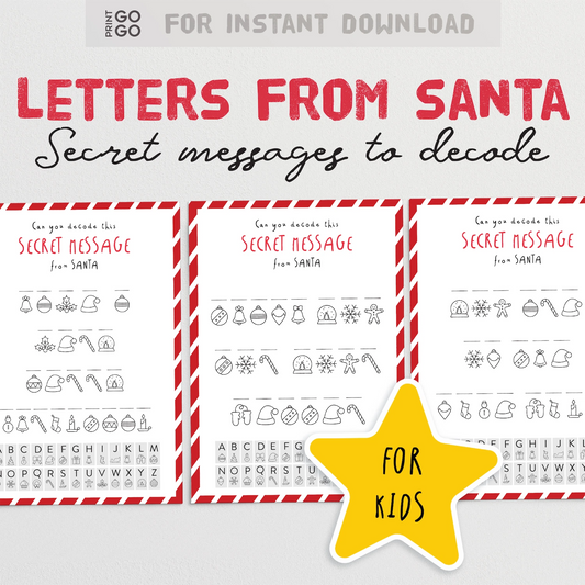 Sheet of paper with decoded secret messages from Santa for kids, featuring a yellow star and red and white striped border.