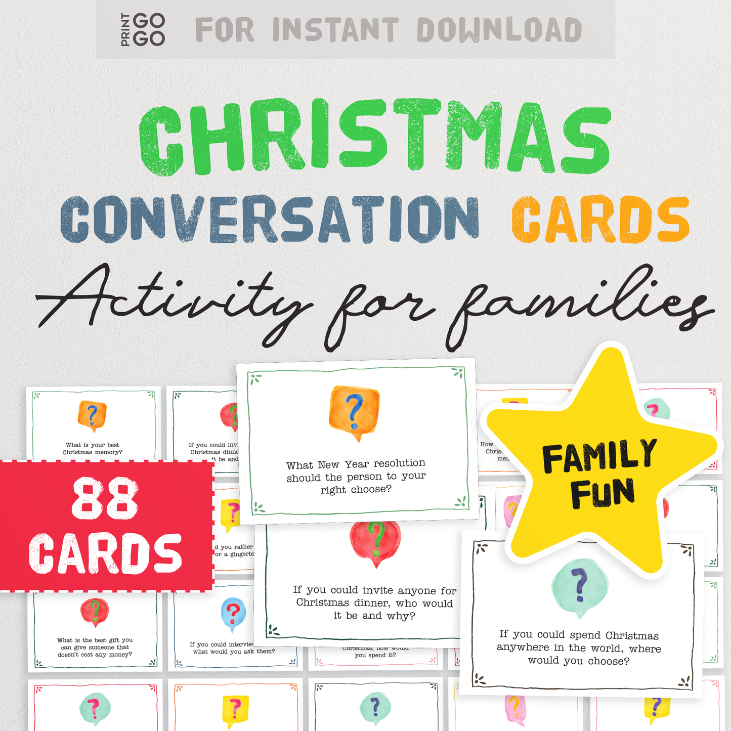 88 Christmas Conversation Cards | Family Dinner Conversation Starters | Dinner Party Ideas | Xmas Prompts | Family Activity | Bored Jar Idea