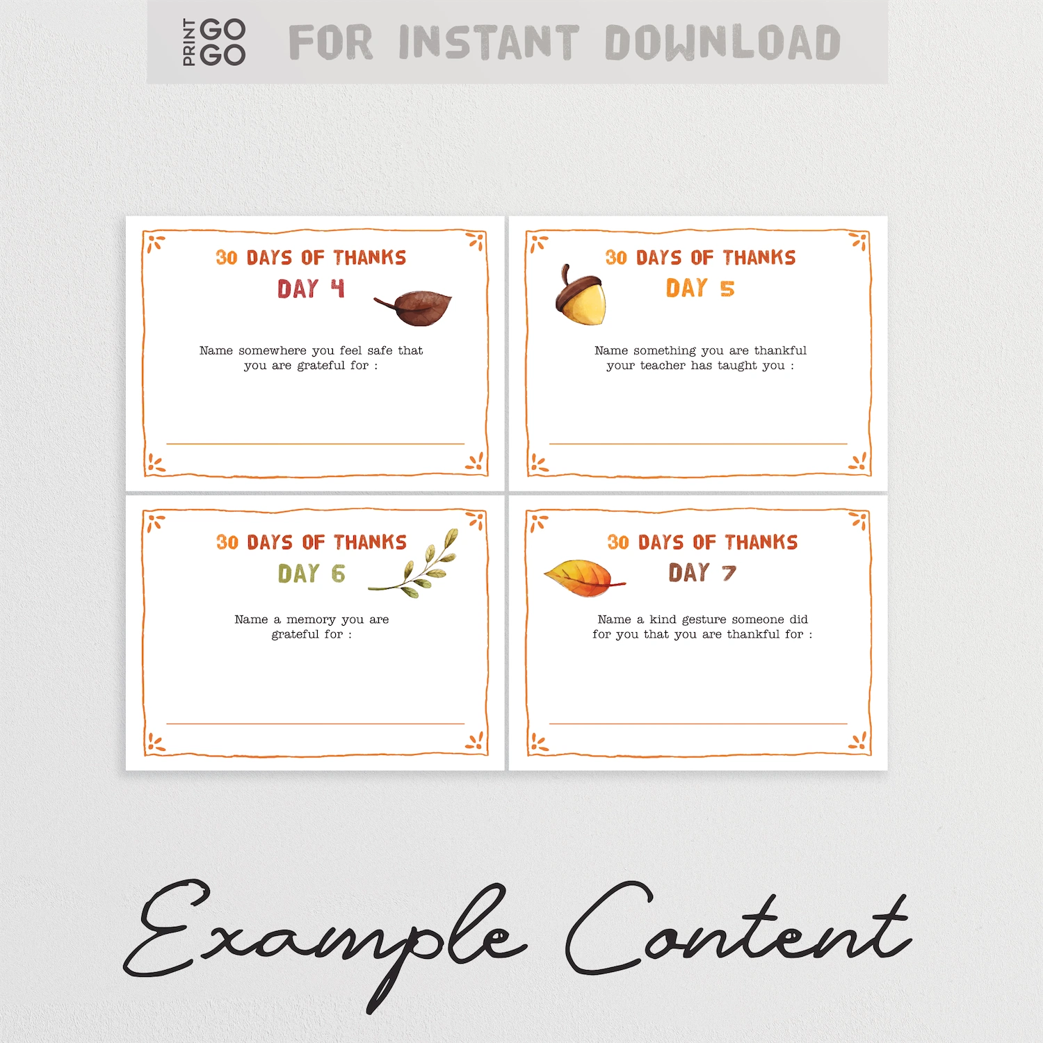 Four printable cards titled '30 Days of Thanks' with example content on a gray background.