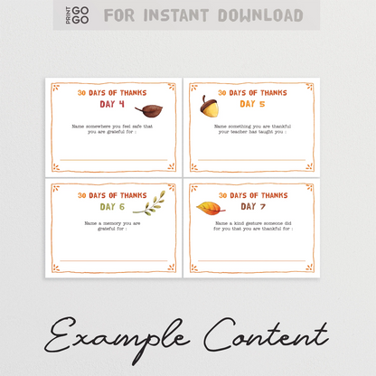 Four printable cards titled '30 Days of Thanks' with example content on a gray background.