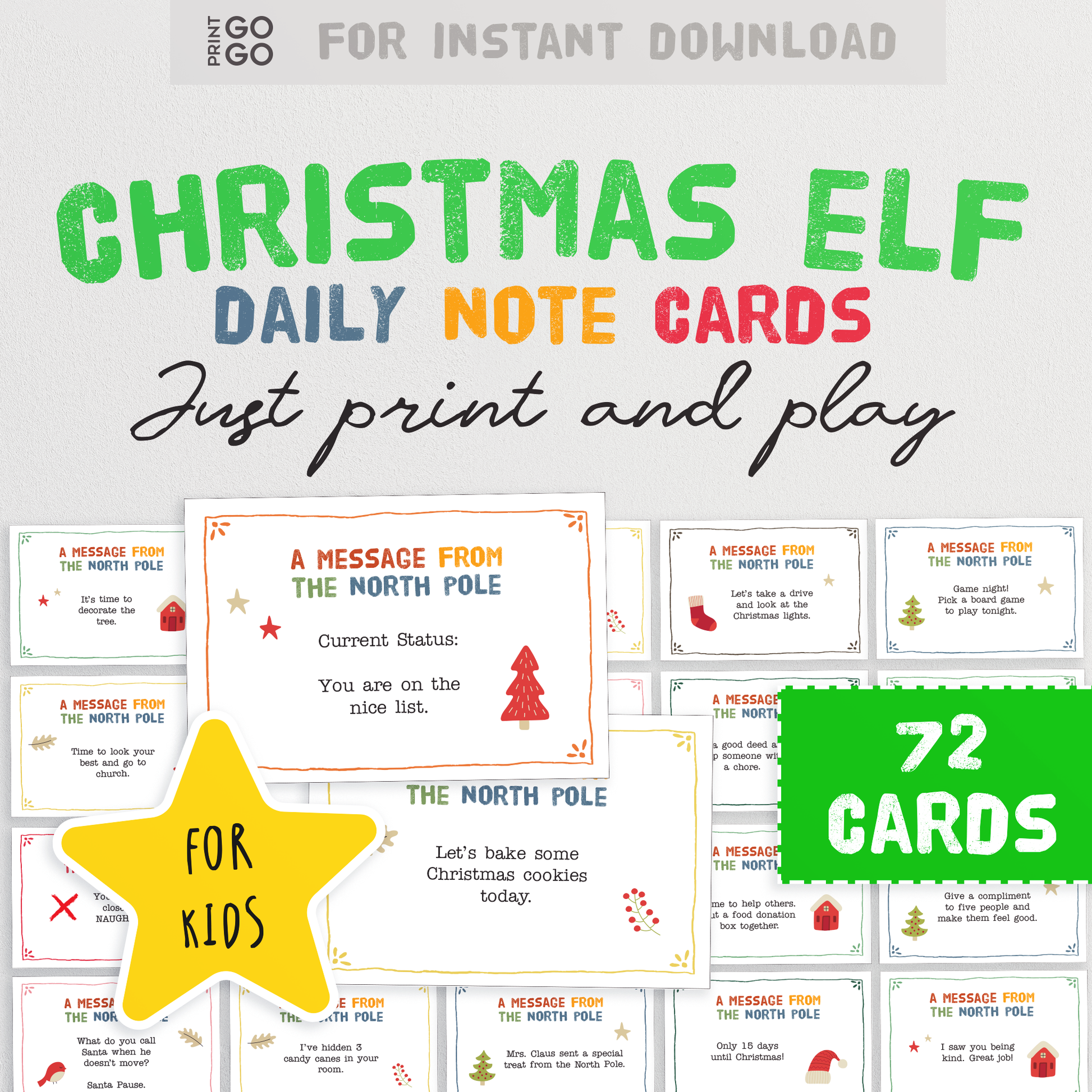 72 Daily Elf Note Cards - No Stress Elf on the Shelf Activities!