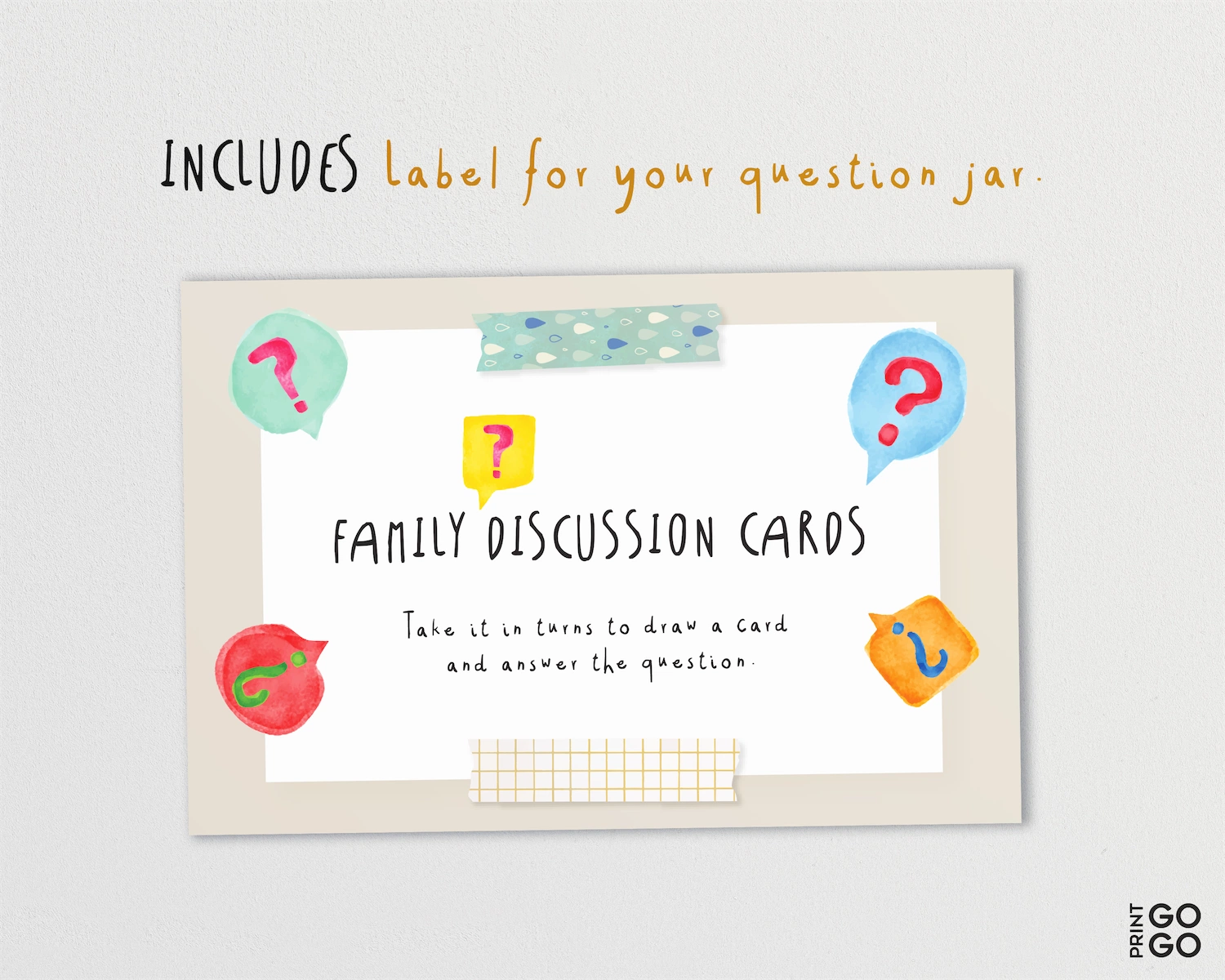 Family discussion cards with colorful question marks and speech bubbles on a light gray background.