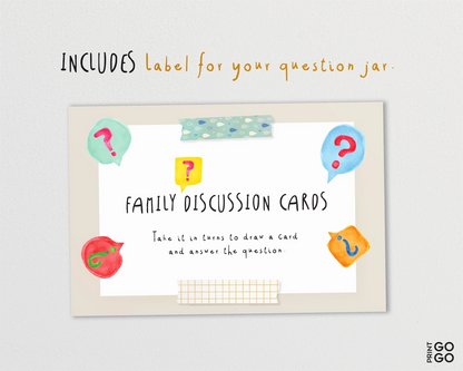 Family discussion cards with colorful question marks and speech bubbles on a light gray background.