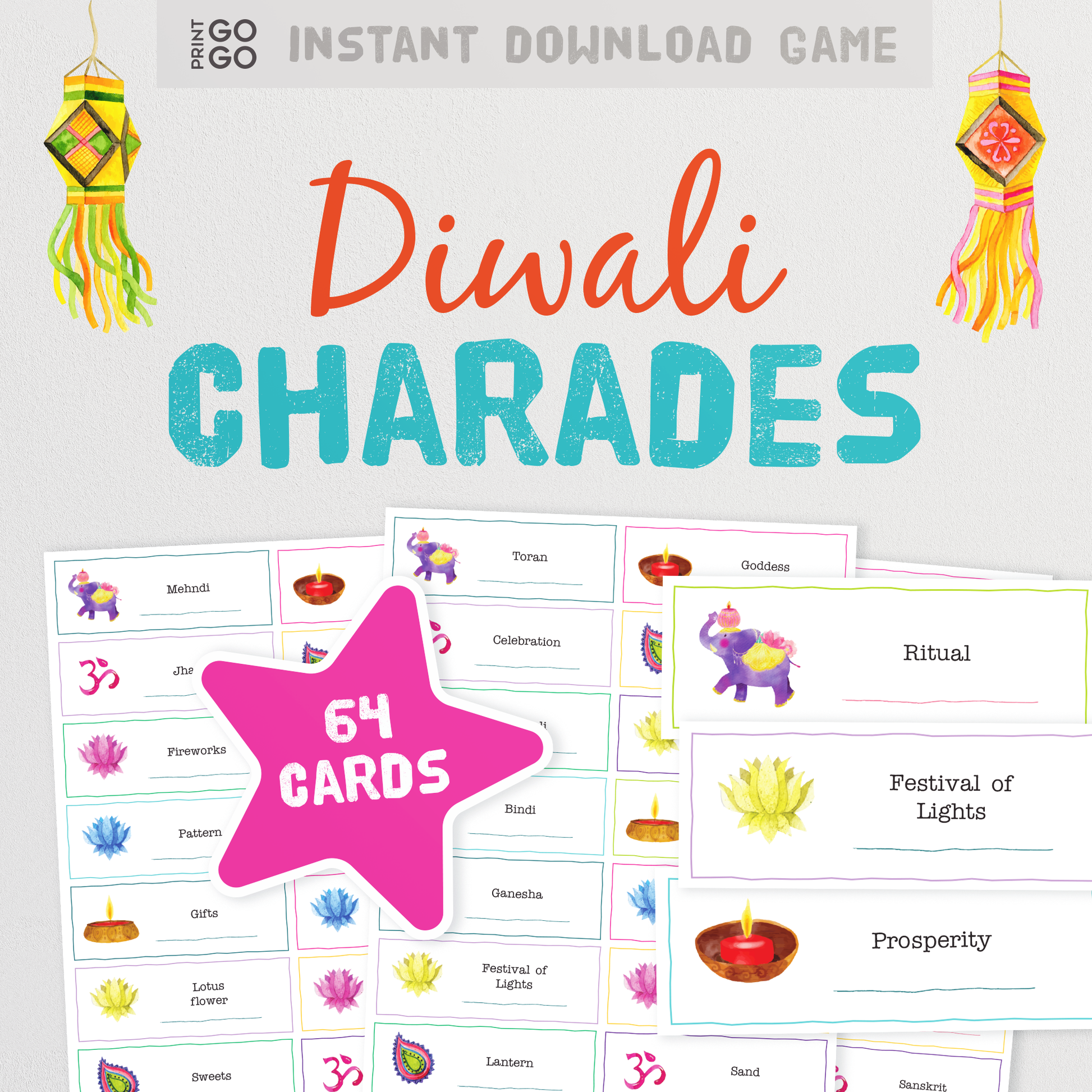 Diwali Charades - Celebrate the Festival of Light with a Fun Family Party Game of Acting Out and Guessing Phrases | Printable Team Game