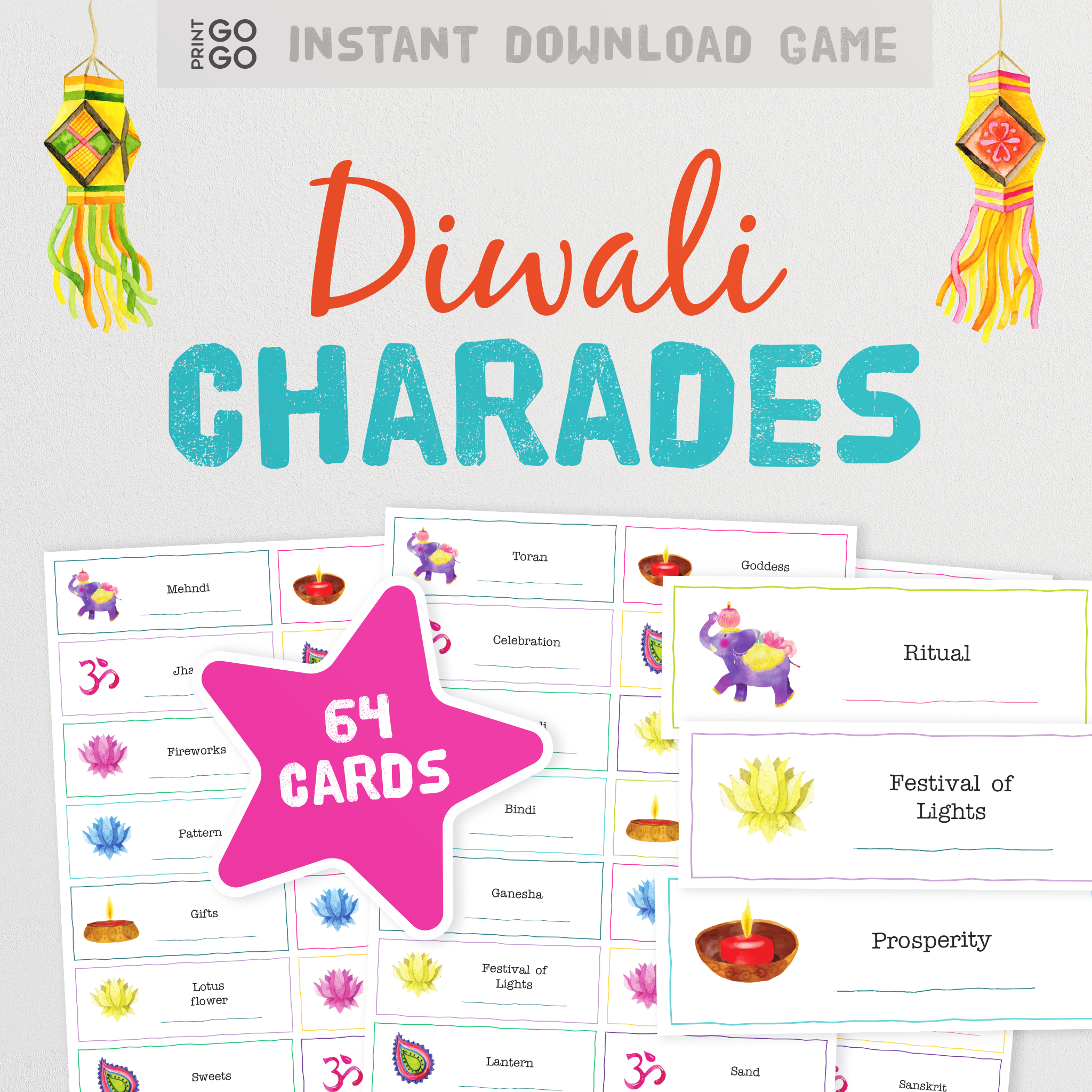 Diwali Charades - Celebrate the Festival of Light with a Fun Family Party Game of Acting Out and Guessing Phrases | Printable Team Game