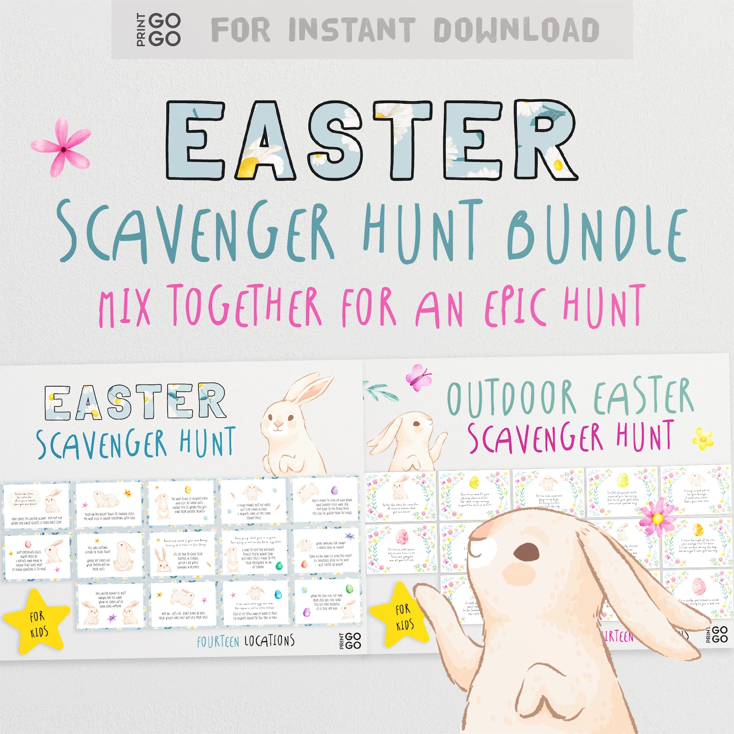 Easter scavenger hunt bundle with bunny illustration on a light gray background