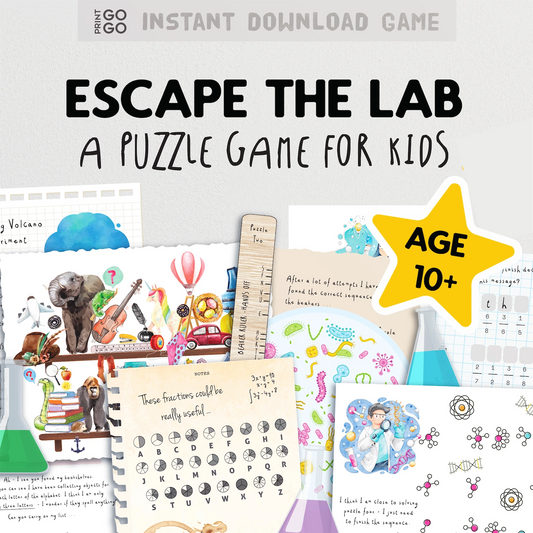 Puzzle game for kids titled 'Escape the Lab' with educational elements and a star indicating age suitability.