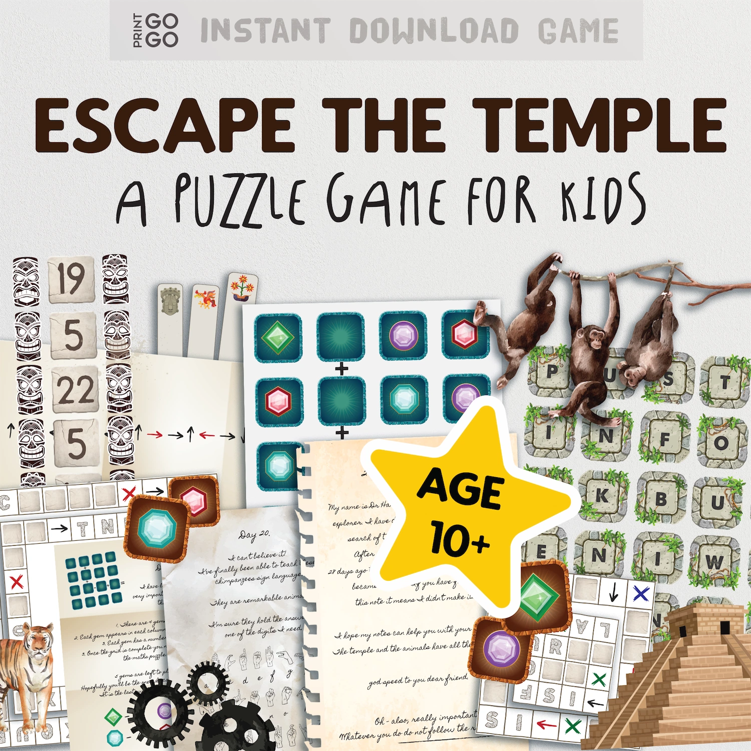 Cover of 'Escape the Temple' puzzle game for kids with various game elements and a pyramid illustration.