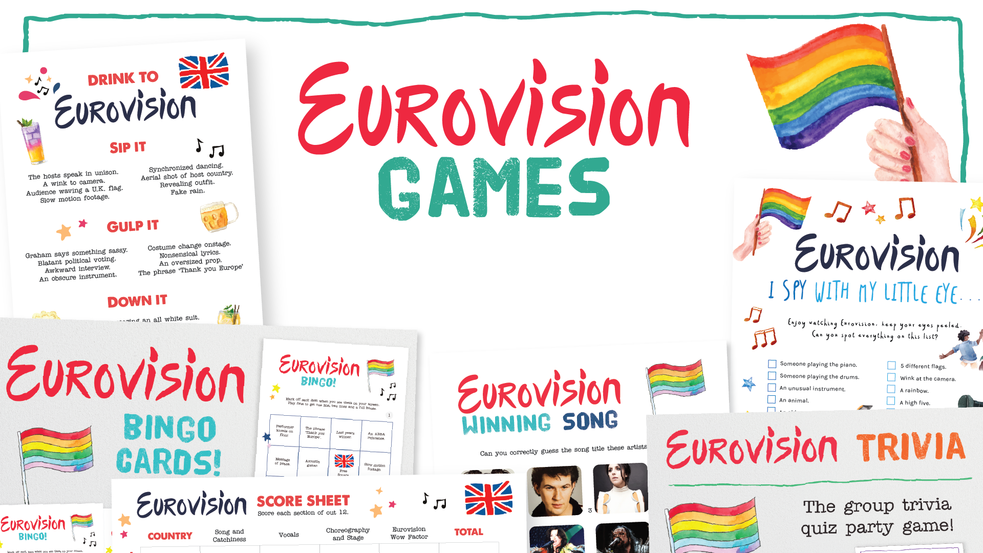 Hosting a Eurovision Song Contest party? Bring the fun and add a little friendly competition to your evening with our instant download printable games. From Eurovision bingo, Eurovision picture and trivia quizzes, drinking games to I Spy.
