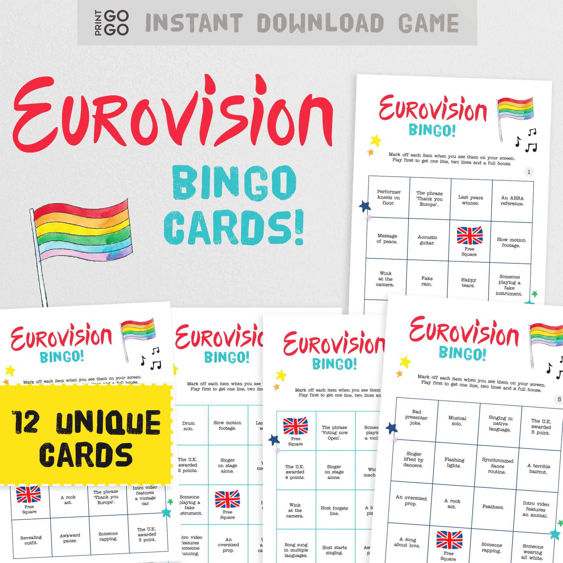 12 Eurovision Song Contest Bingo Cards - The Ultimate Group Party Game