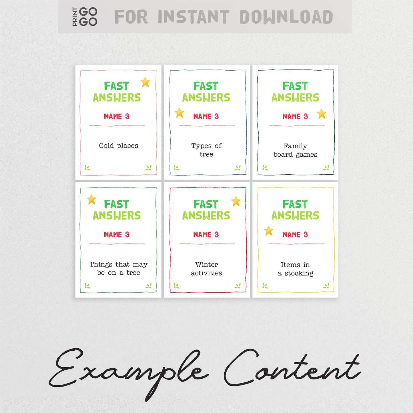 Example cards for Christmas Fast Answer - a printable party game for groups.