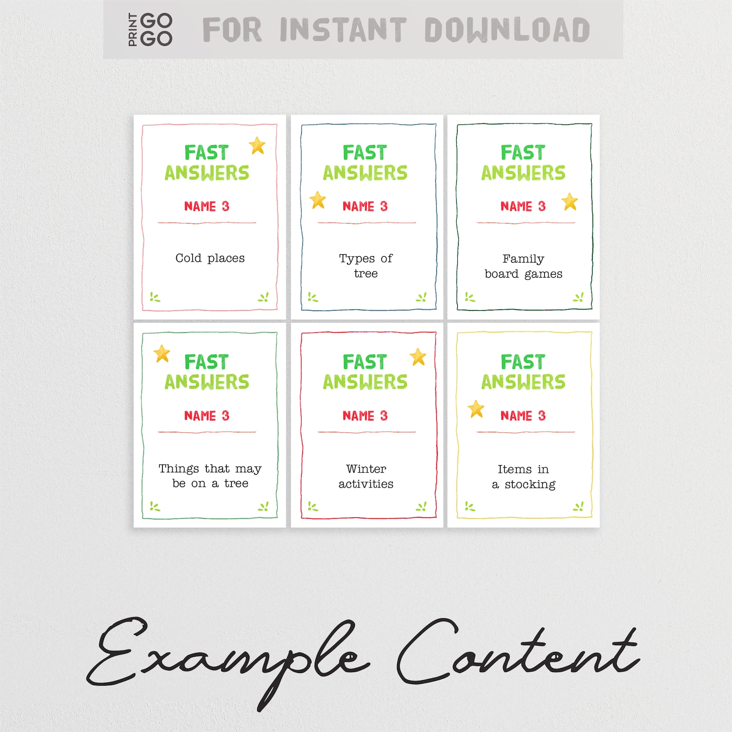 Example cards for Christmas Fast Answer - a printable party game for groups.