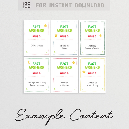 Example cards for Christmas Fast Answer - a printable party game for groups.