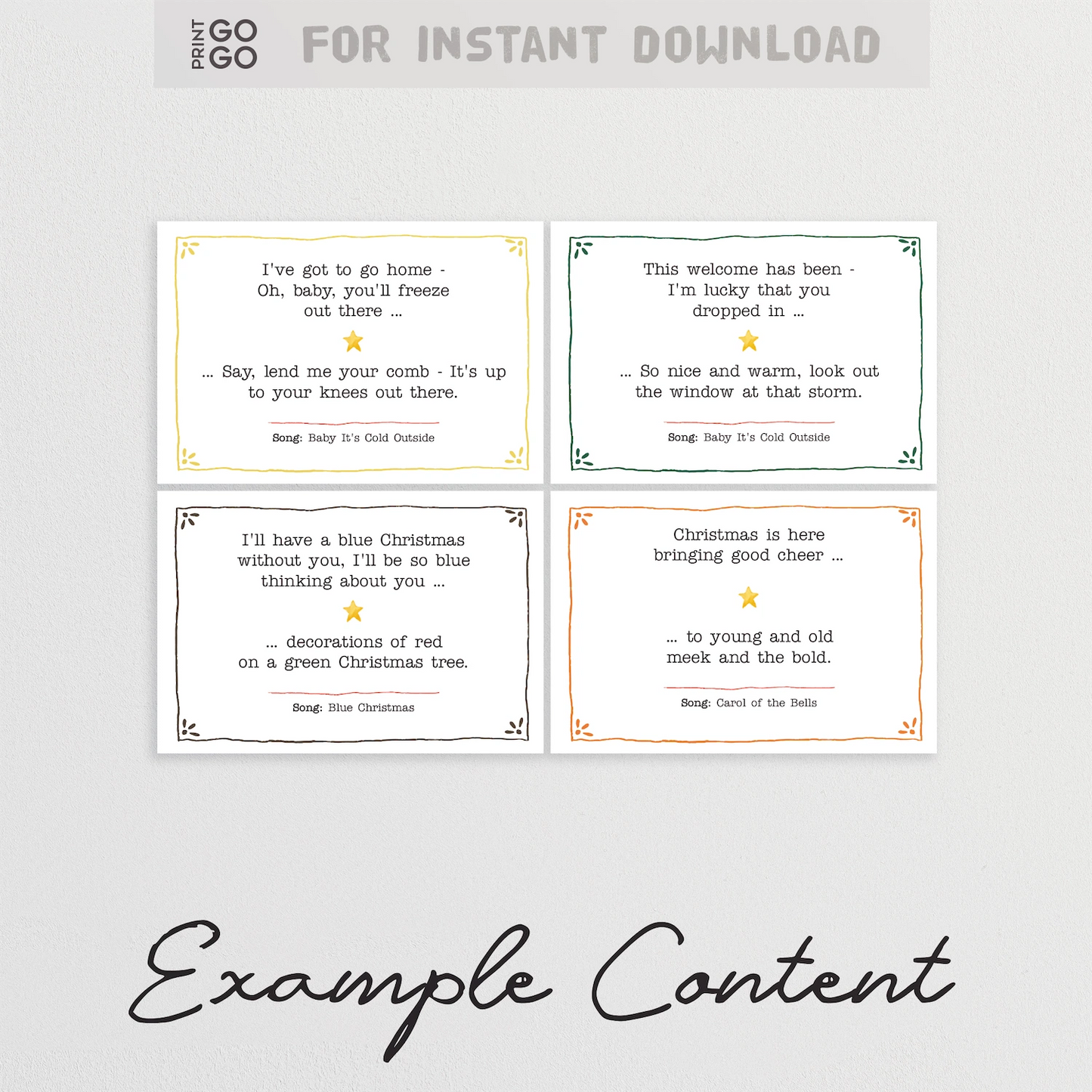 Example cards for our Christmas lyrics music party game for groups.