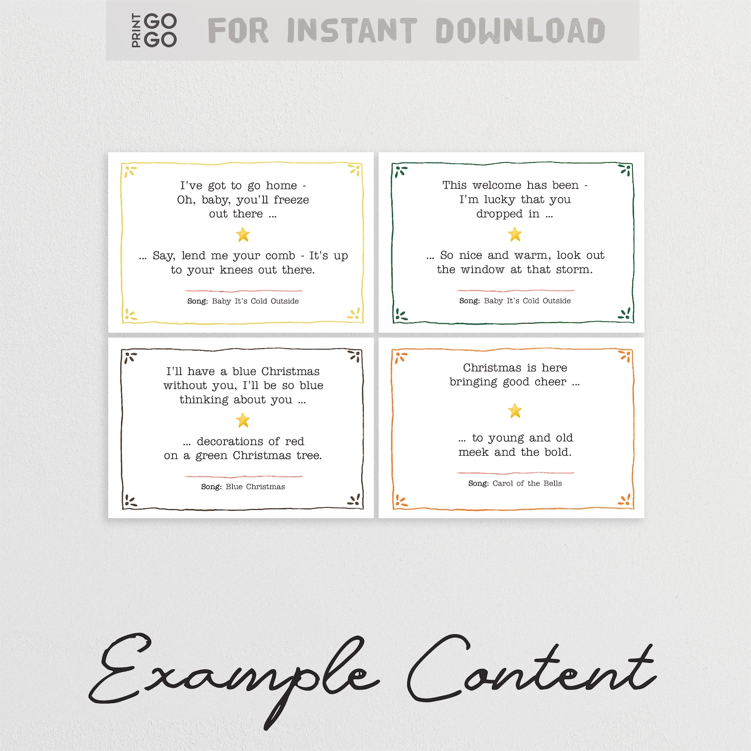 Example cards for our Christmas lyrics music party game for groups.