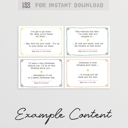 Example cards for our Christmas lyrics music party game for groups.