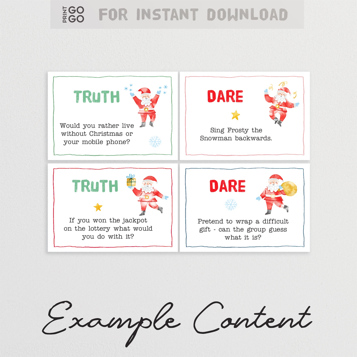 Example cards for instant download printable holiday truth or dare game.