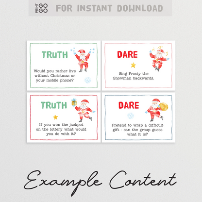 Example cards for instant download printable holiday truth or dare game.