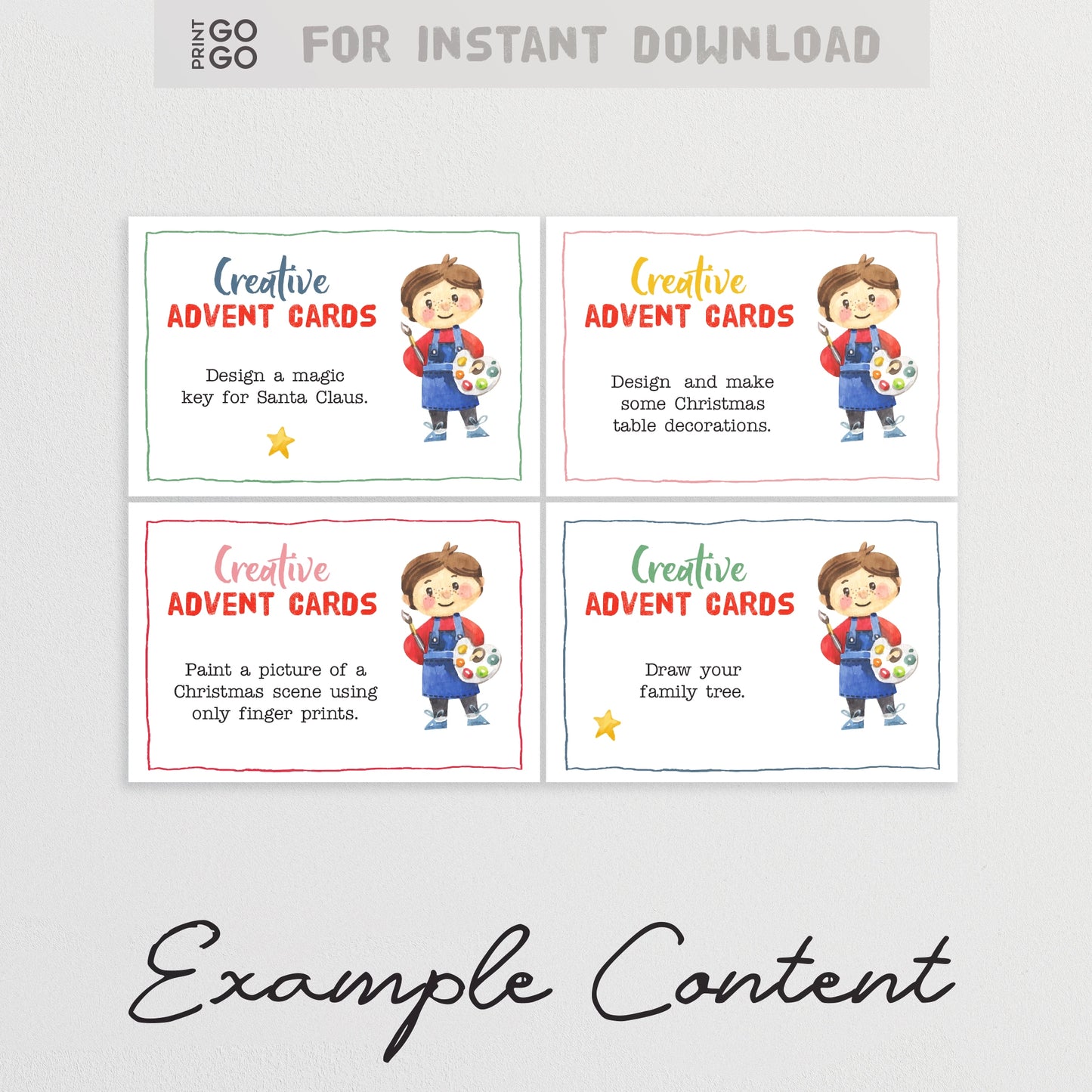 Four Creative Advent Cards with a child character and example content on a light gray background.