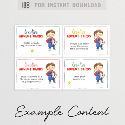 Four Creative Advent Cards with a child character and example content on a light gray background.