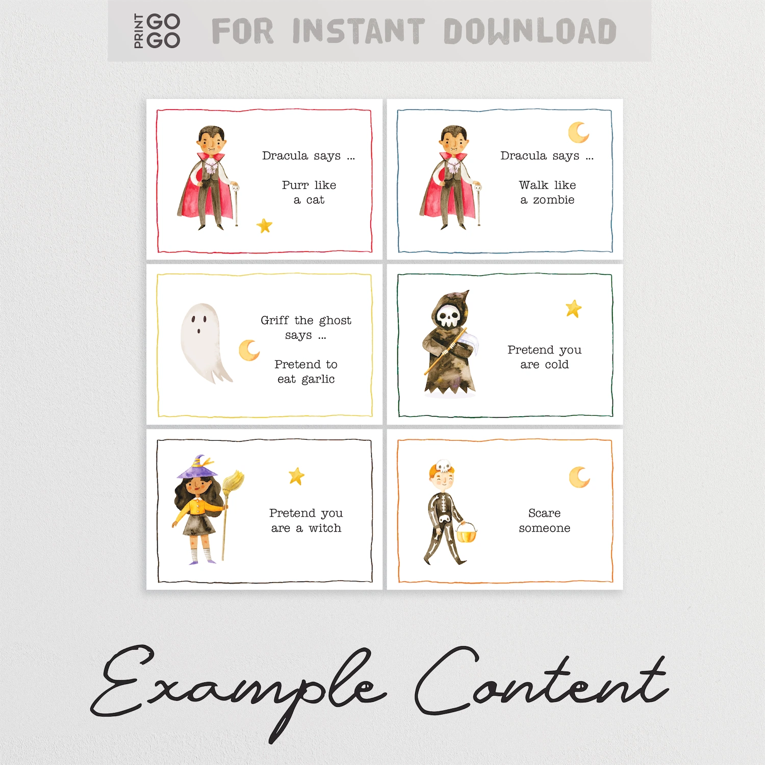 Set of Halloween-themed cards with characters and text on a light gray background