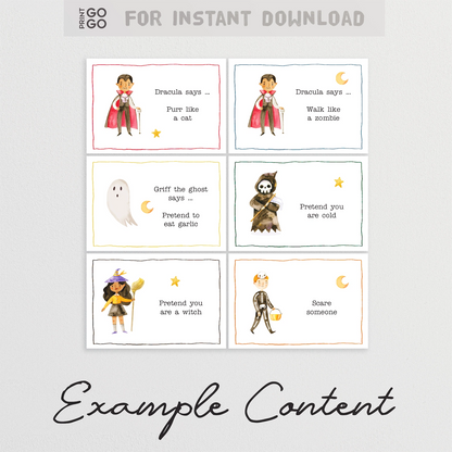 Set of Halloween-themed cards with characters and text on a light gray background