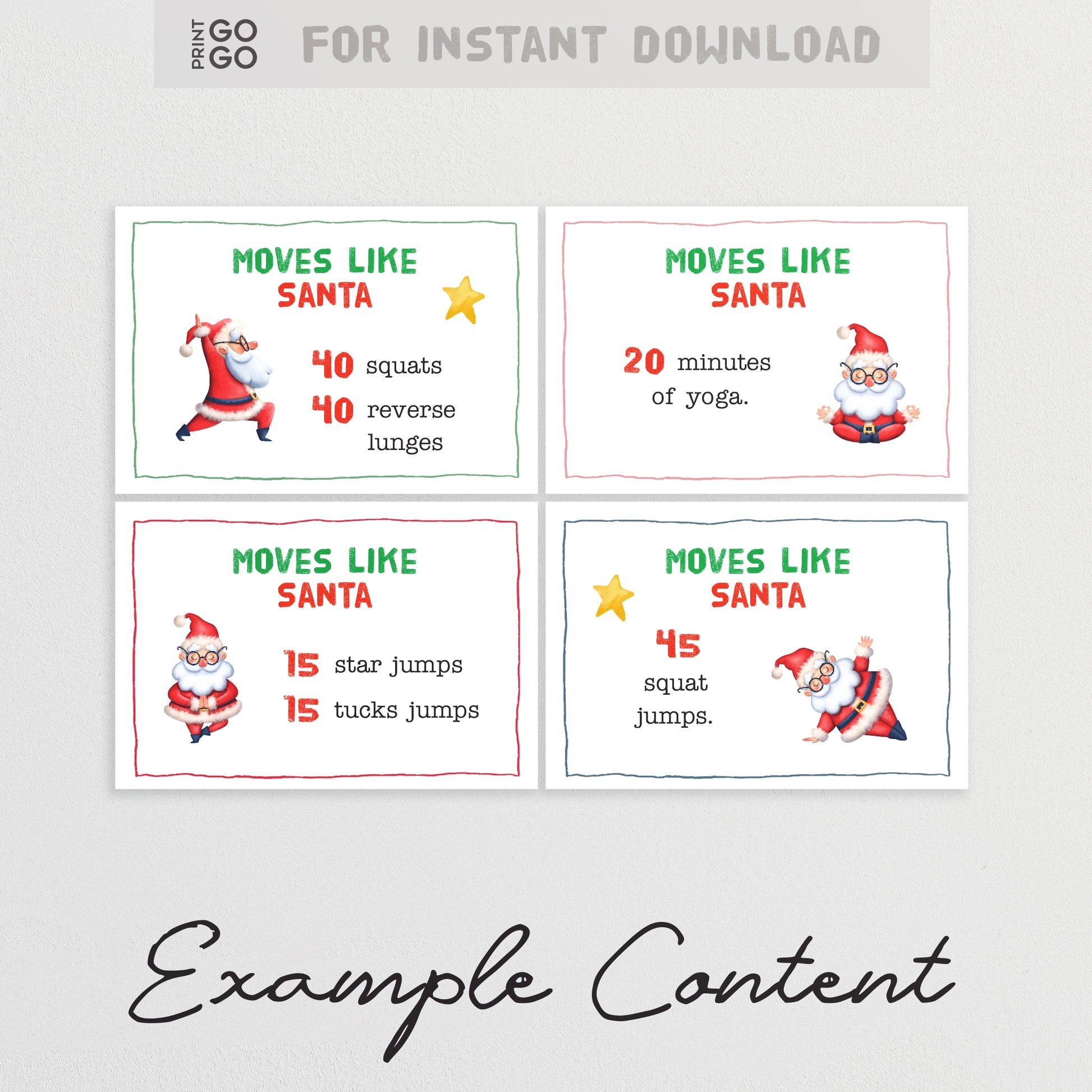 Four cards with Santa Claus illustrations and exercise instructions on a gray background.