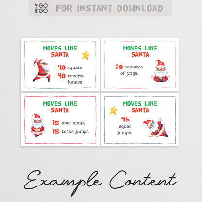 Four cards with Santa Claus illustrations and exercise instructions on a gray background.