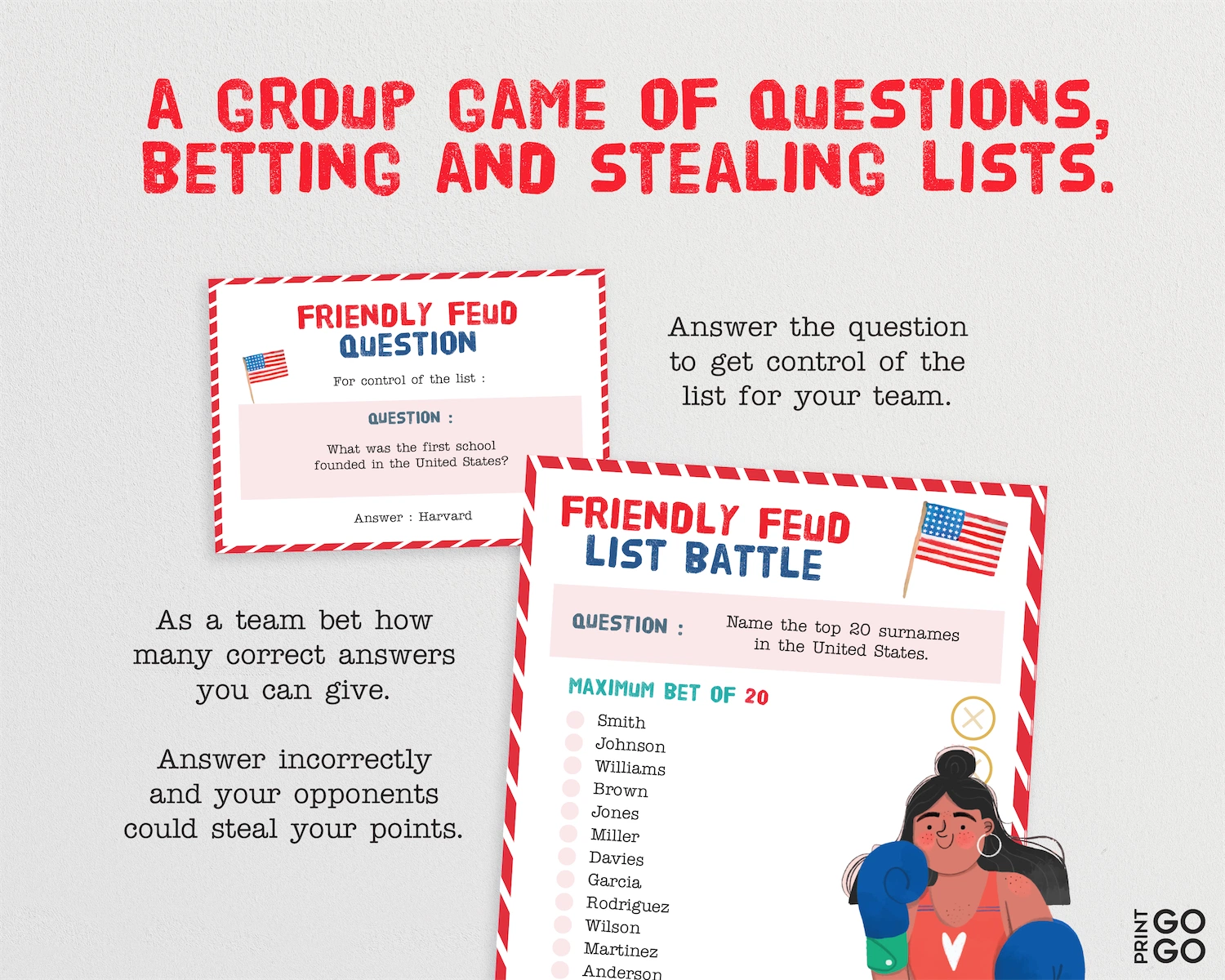 Instant download 'Friendly Feud List Battle' game with American flag and text on a white background.