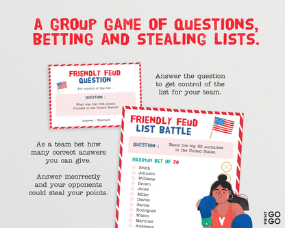 Instant download 'Friendly Feud List Battle' game with American flag and text on a white background.