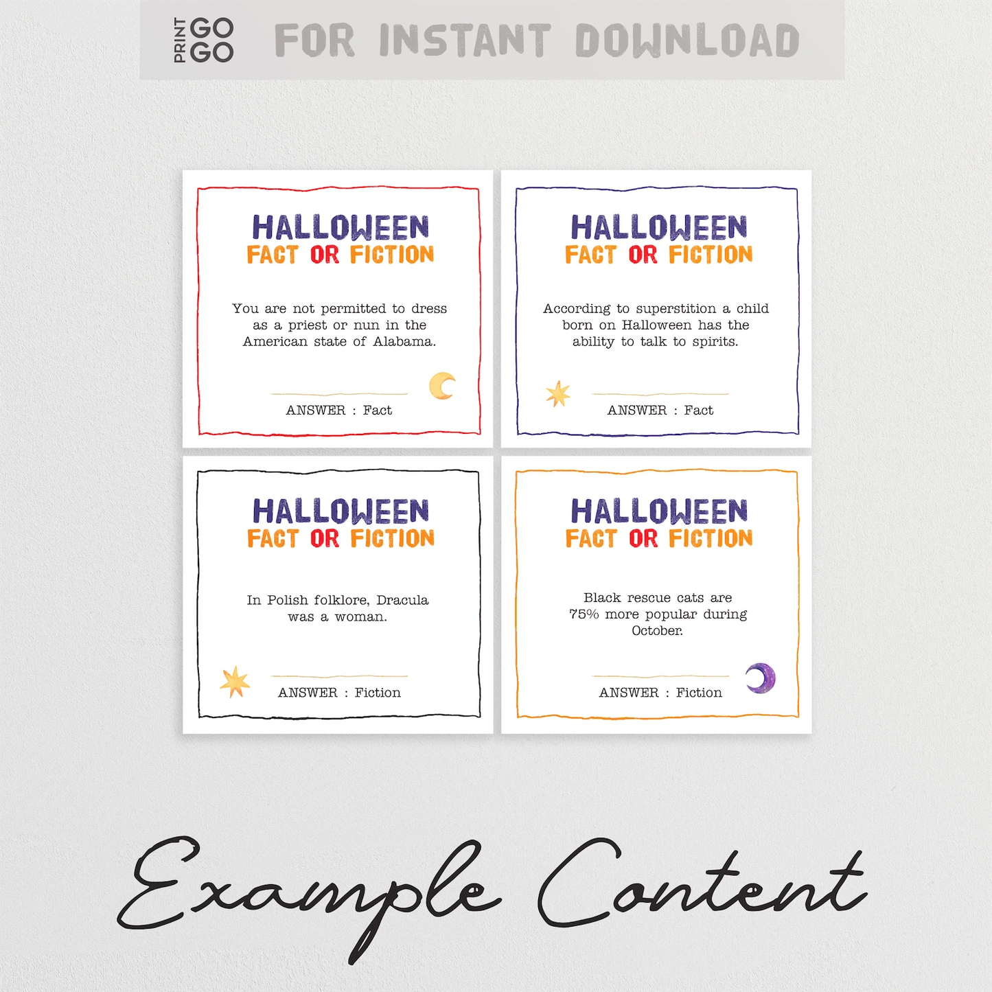 Four Halloween fact or fiction cards on a gray background with 'Print Go Go' branding.
