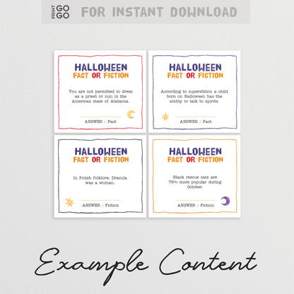 Four Halloween fact or fiction cards on a gray background with 'Print Go Go' branding.