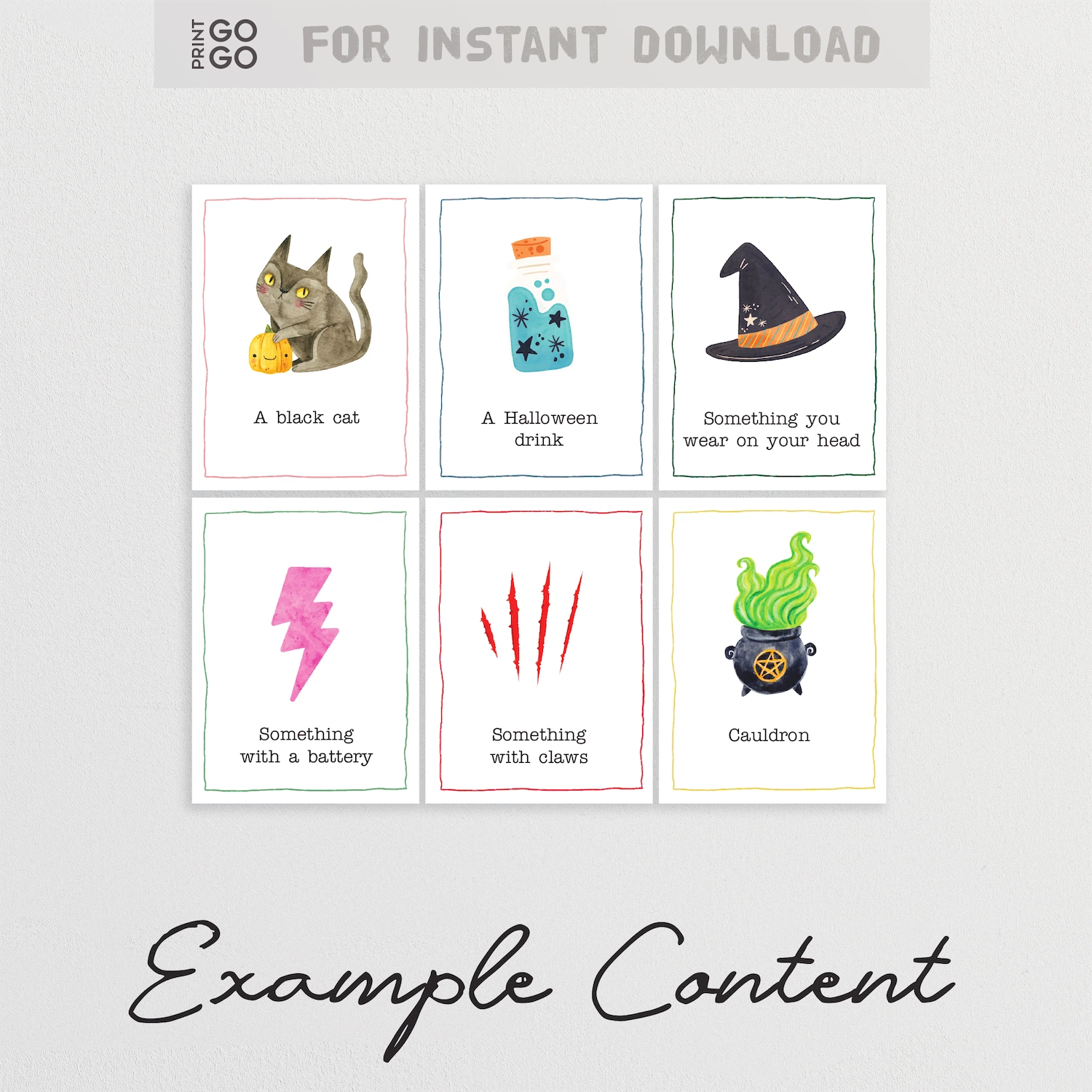Set of Halloween-themed cards with illustrations and text on a gray background